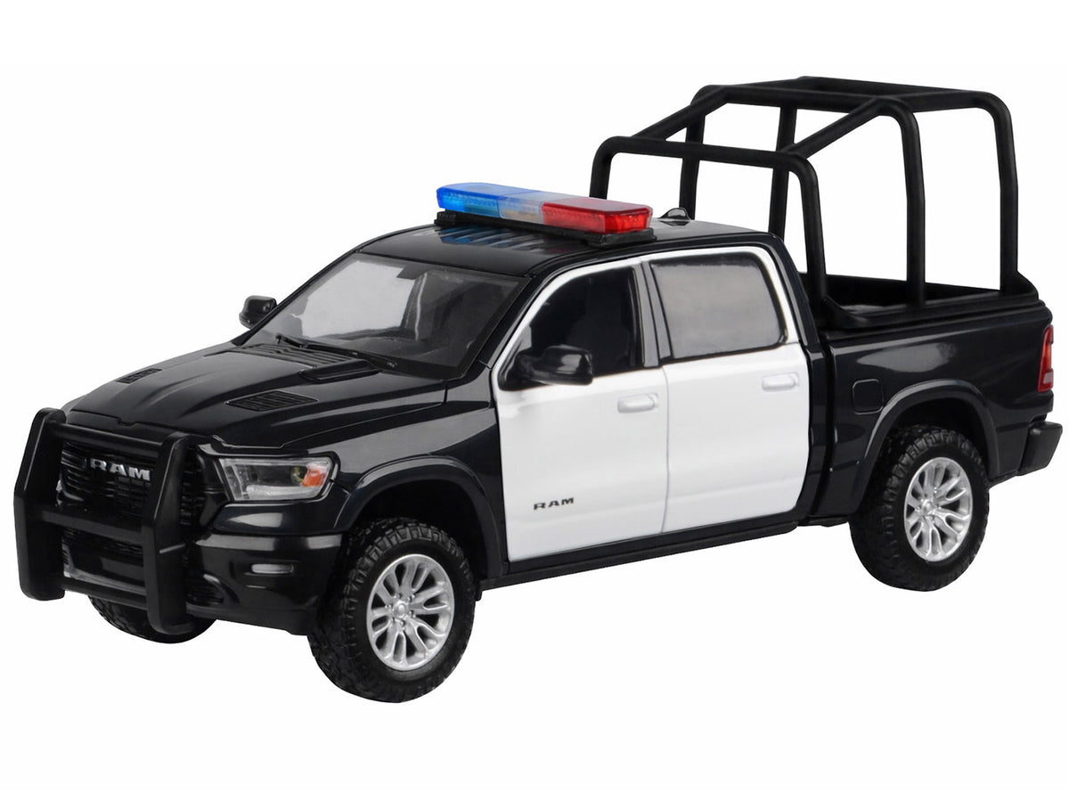 2019 RAM 1500 Laramie Crew Cab Pickup Truck with Bed Cage Black and White with Flashing Light Bar and Front and Rear Lights and Sounds 1/27 Diecast Model Car by Motormax - image 2