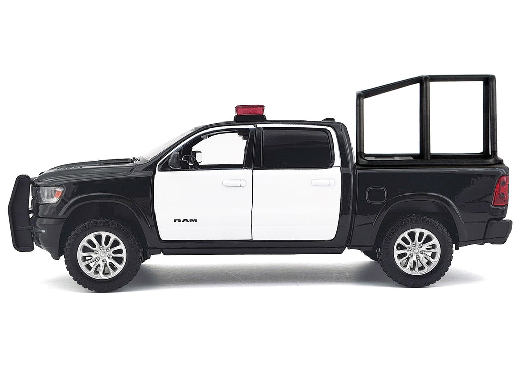 2019 RAM 1500 Laramie Crew Cab Pickup Truck with Bed Cage Black and White with Flashing Light Bar and Front and Rear Lights and Sounds 1/27 Diecast Model Car by Motormax - image 3