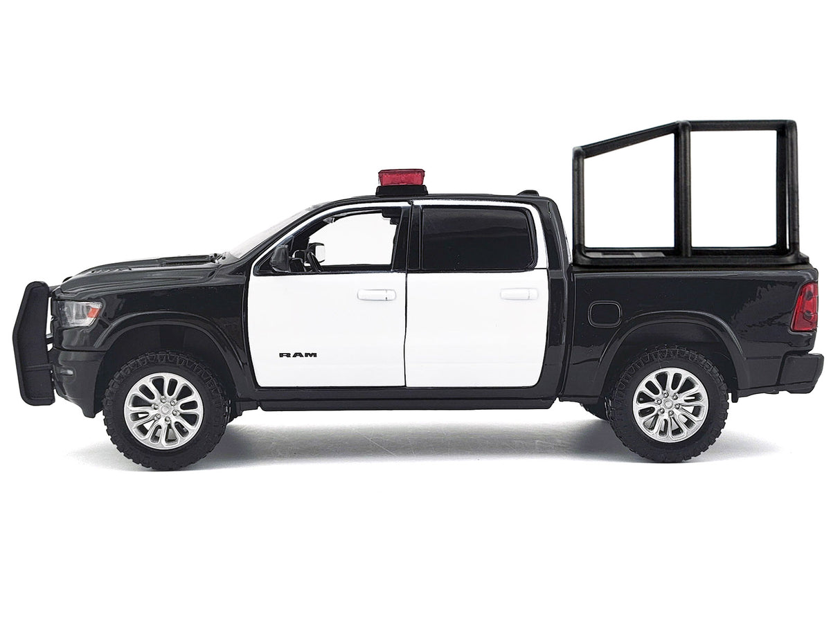 2019 RAM 1500 Laramie Crew Cab Pickup Truck with Bed Cage Black and White with Flashing Light Bar and Front and Rear Lights and Sounds 1/27 Diecast Model Car by Motormax - image 3