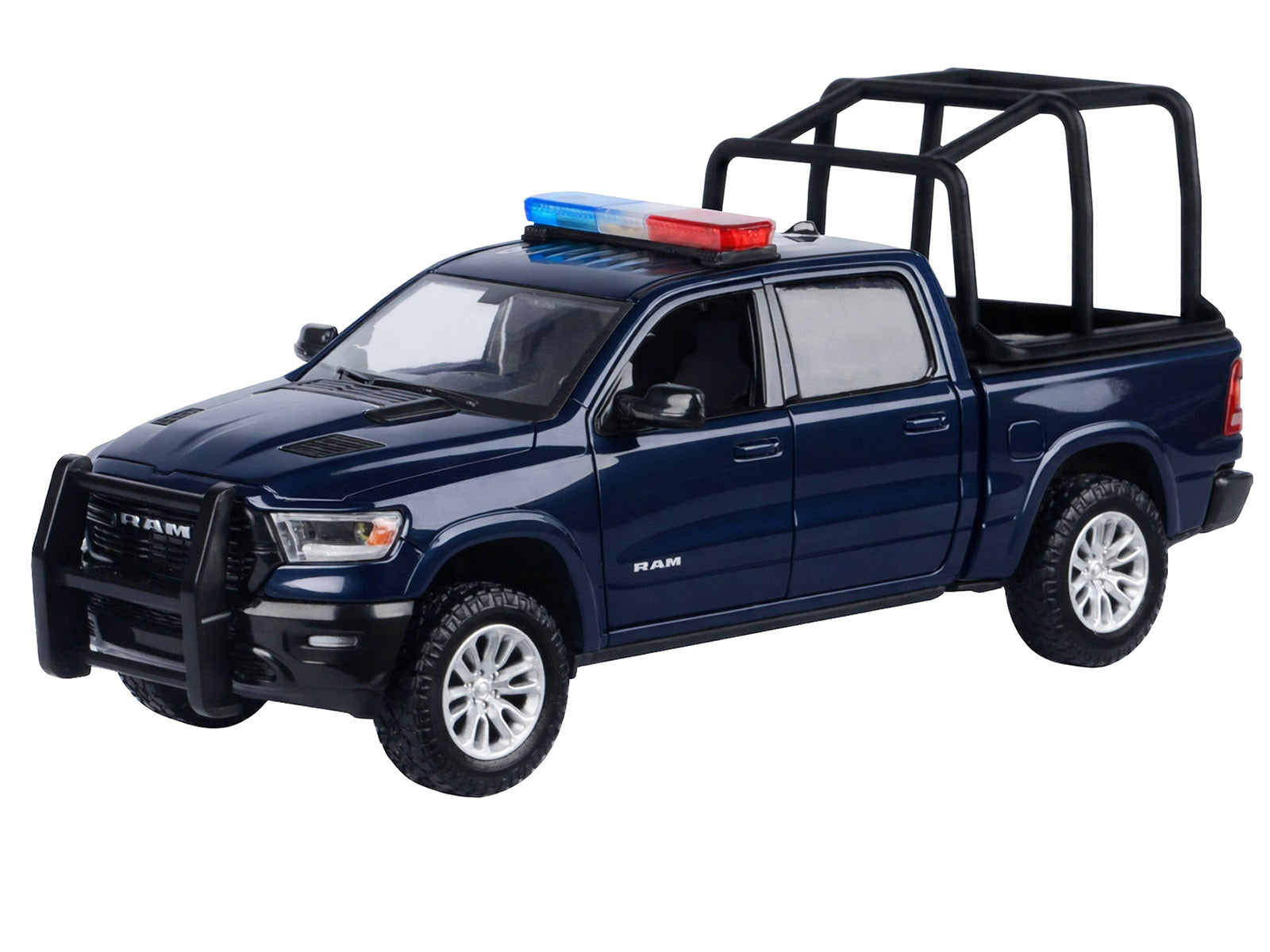 2019 RAM 1500 Laramie Crew Cab Pickup Truck with Bed Cage Dark Blue with Flashing Light Bar and Front and Rear Lights and Sounds 1/27 Diecast Model Car by Motormax - image 2