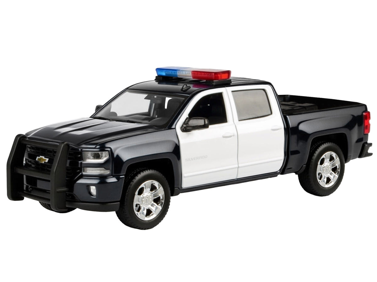 2017 Chevrolet Silverado 1500 LT Z71 Crew Cab Pickup Truck Black and White with Flashing Light Bar and Front and Rear Lights and Sounds 1/27 Diecast Model Car by Motormax - image 2
