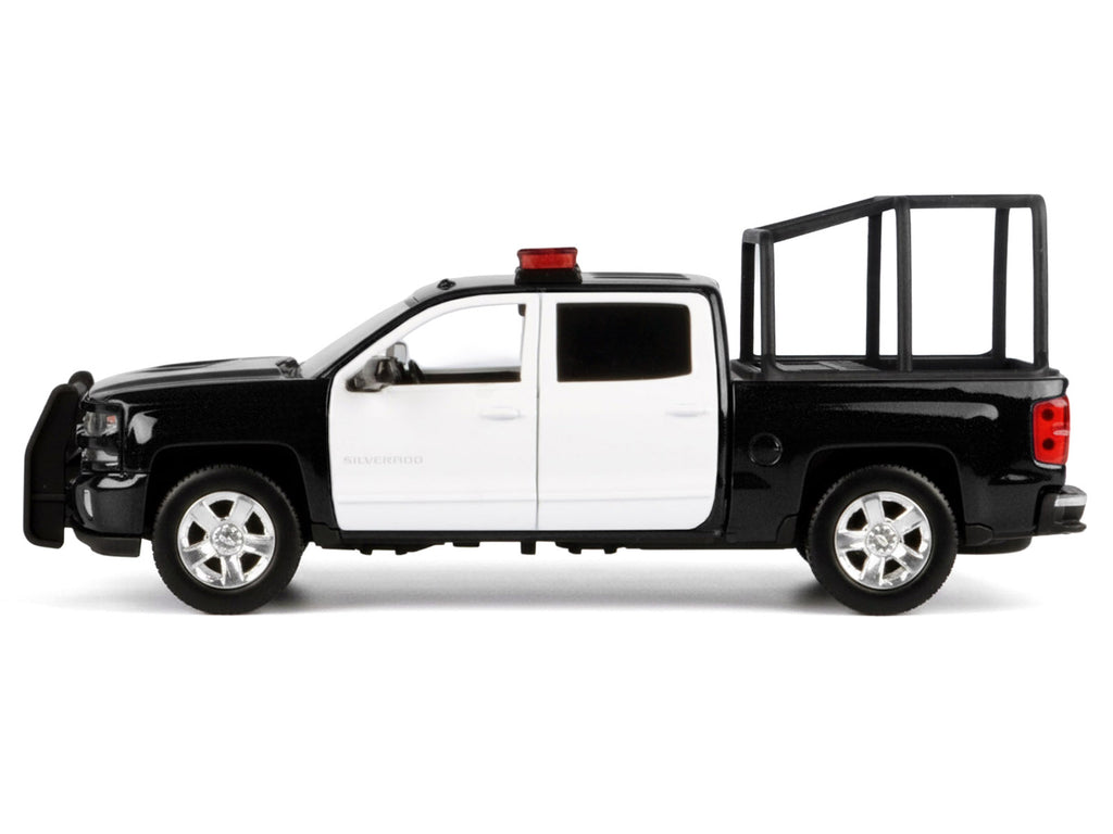 2017 Chevrolet Silverado 1500 LT Z71 Crew Cab Pickup Truck with Bed Cage Black and White with Flashing Light Bar and Front and Rear Lights and Sounds 1/27 Diecast Model Car by Motormax - image 3