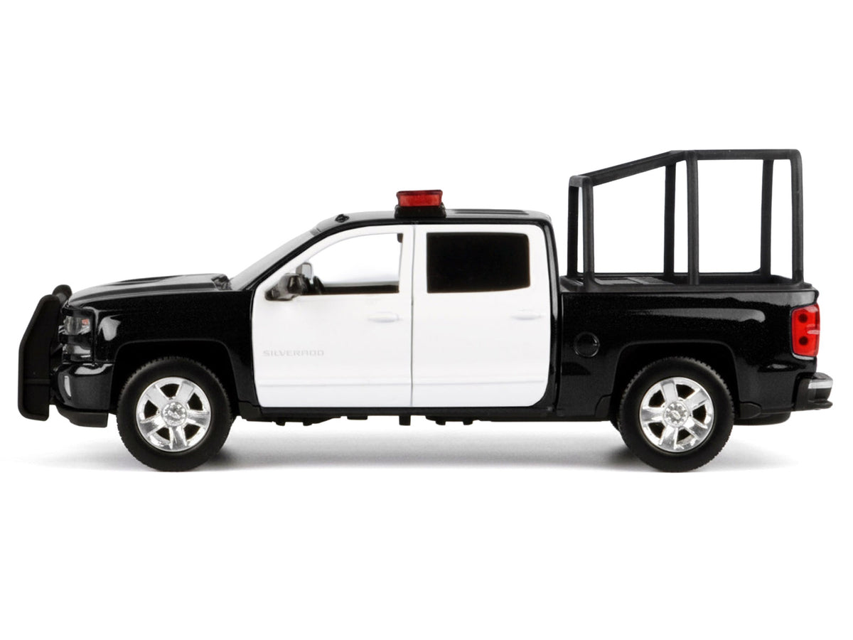 2017 Chevrolet Silverado 1500 LT Z71 Crew Cab Pickup Truck with Bed Cage Black and White with Flashing Light Bar and Front and Rear Lights and Sounds 1/27 Diecast Model Car by Motormax - image 3
