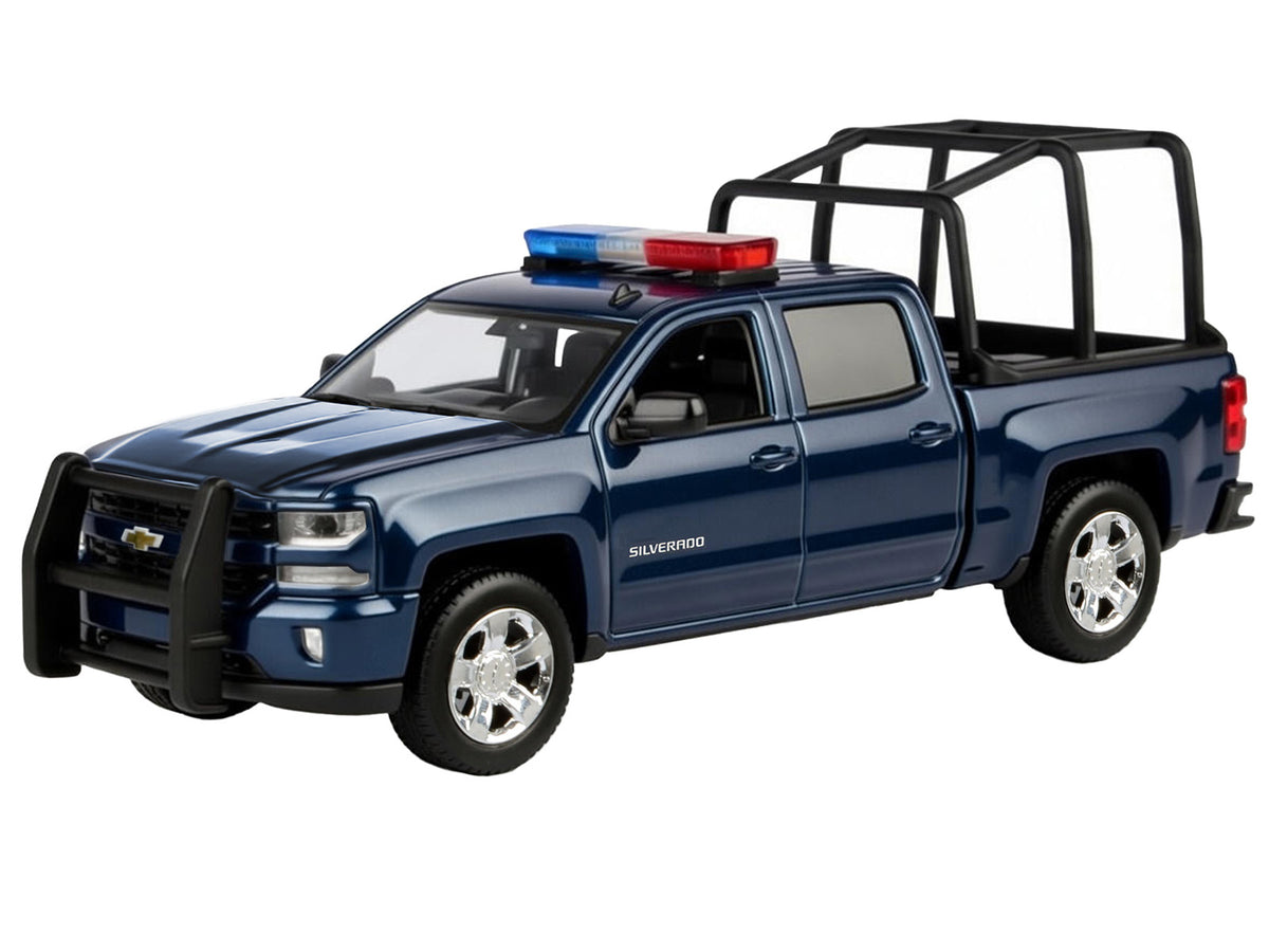 2017 Chevrolet Silverado 1500 LT Z71 Crew Cab Pickup Truck with Bed Cage Dark Blue with Flashing Light Bar and Front and Rear Lights and Sounds 1/27 Diecast Model Car by Motormax - image 2