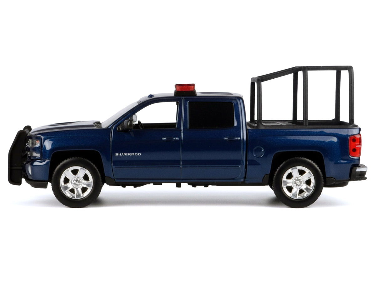 2017 Chevrolet Silverado 1500 LT Z71 Crew Cab Pickup Truck with Bed Cage Dark Blue with Flashing Light Bar and Front and Rear Lights and Sounds 1/27 Diecast Model Car by Motormax - image 3