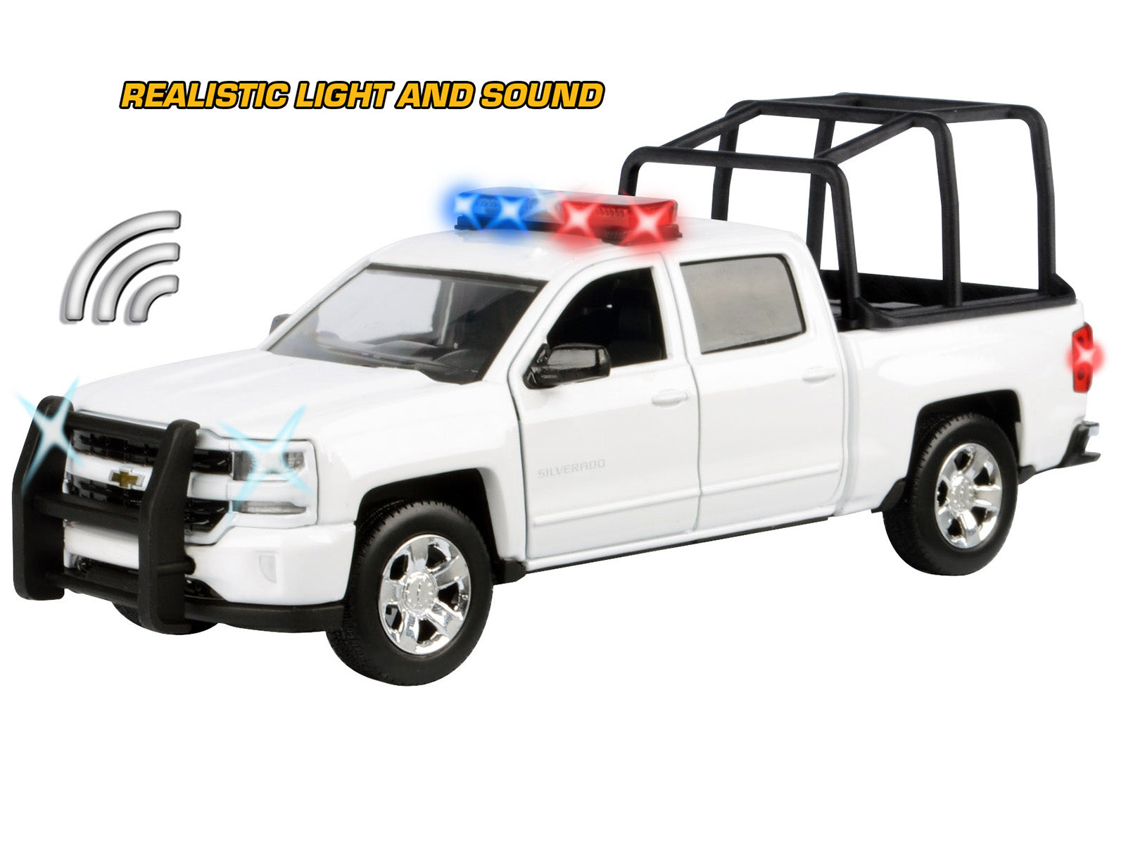 2017 Chevrolet Silverado 1500 LT Z71 Crew Cab Pickup Truck with White with Flashing Light Bar and Front and Rear Lights and Sounds 1/27 Diecast Model Car by Motormax - image 3