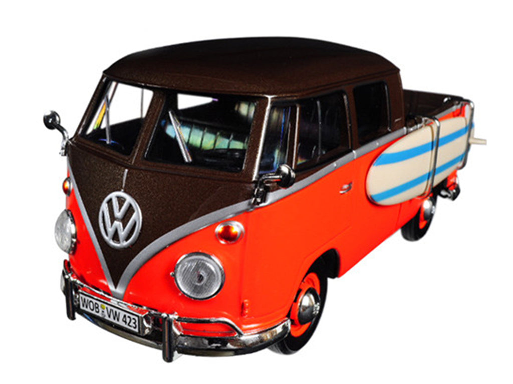 Volkswagen Type 2 (T1) Pickup with Surfboard Brown and Orange 1/24 Diecast Model Car by Motormax - image 2