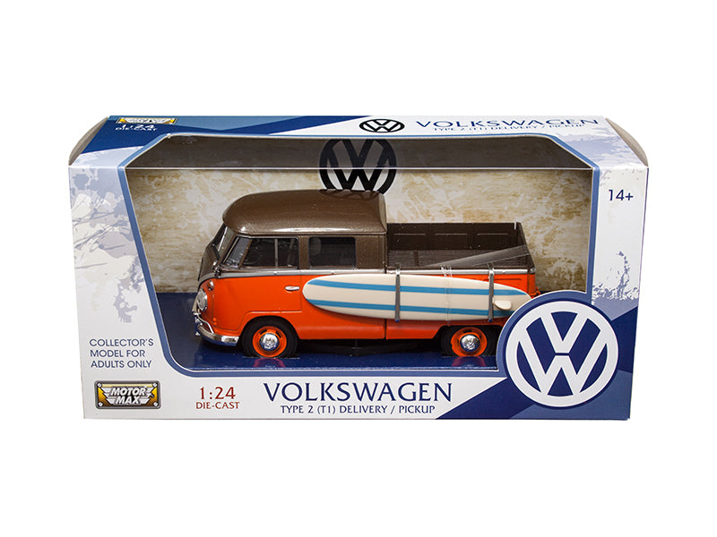 Volkswagen Type 2 (T1) Pickup with Surfboard Brown and Orange 1/24 Diecast Model Car by Motormax - image 3