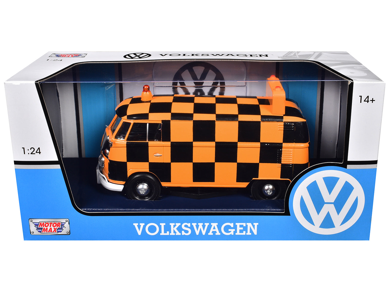 Volkswagen Type 2 (T1) Airport Runway Delivery Van Black and Orange Checkered 1/24 Diecast Model Car by Motormax - image 3