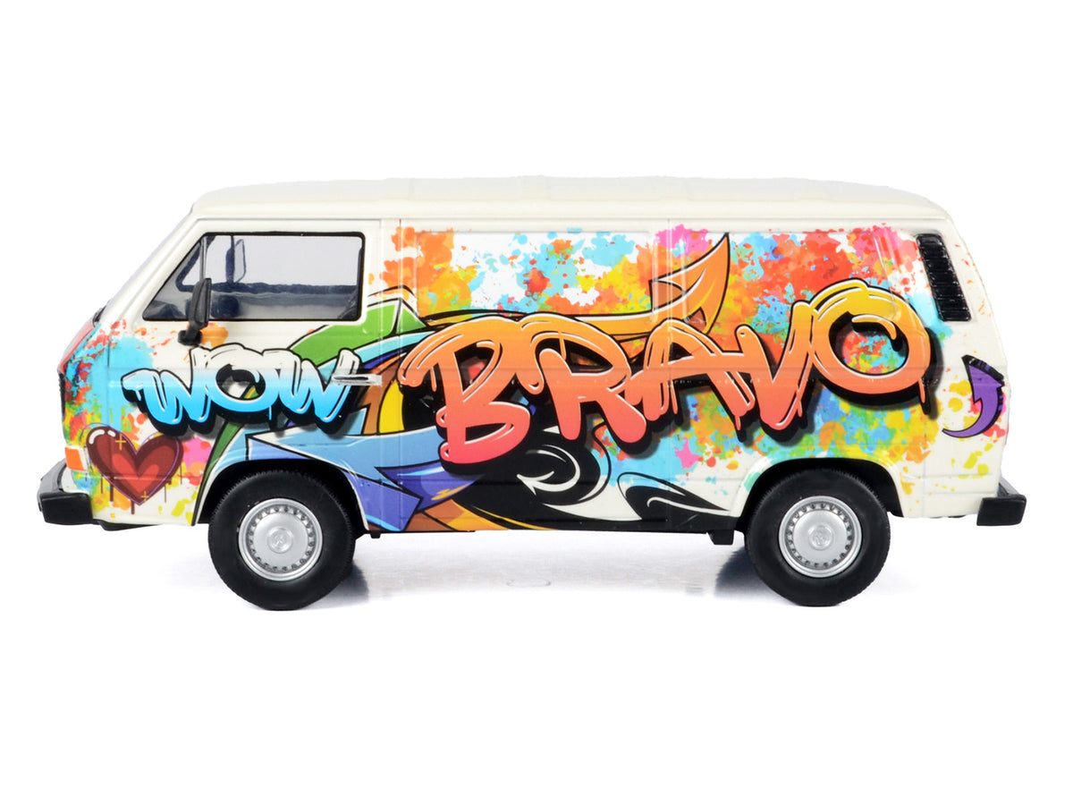 Volkswagen Type 2 (T3) Van White Metallic with Graffiti Graphics 1/24 Diecast Model Car by Motormax - image 2