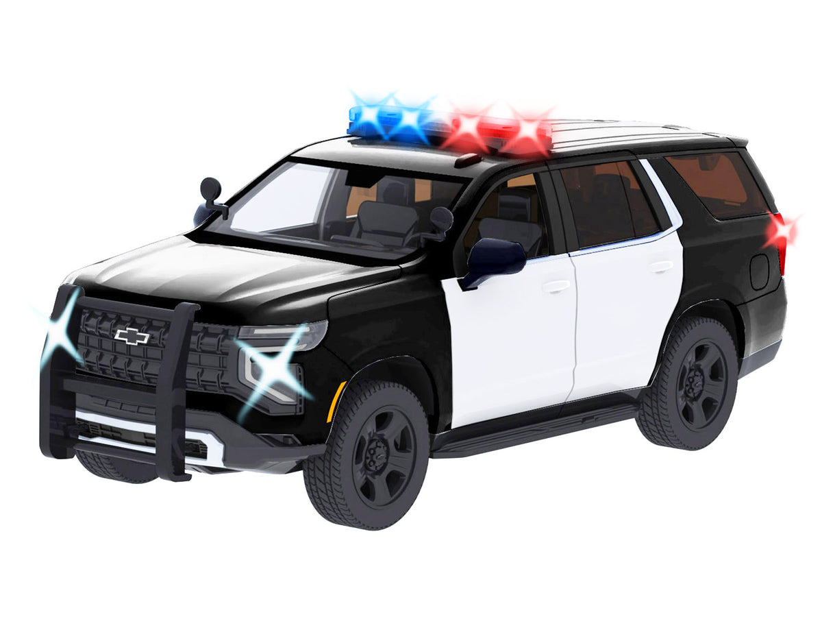 2025 Chevrolet Tahoe PPV Black and White "Builder's Kit" with Flashing Light Bar and Front and Rear Lights and Sounds 1/24 Diecast Model Car by Motormax - image 2