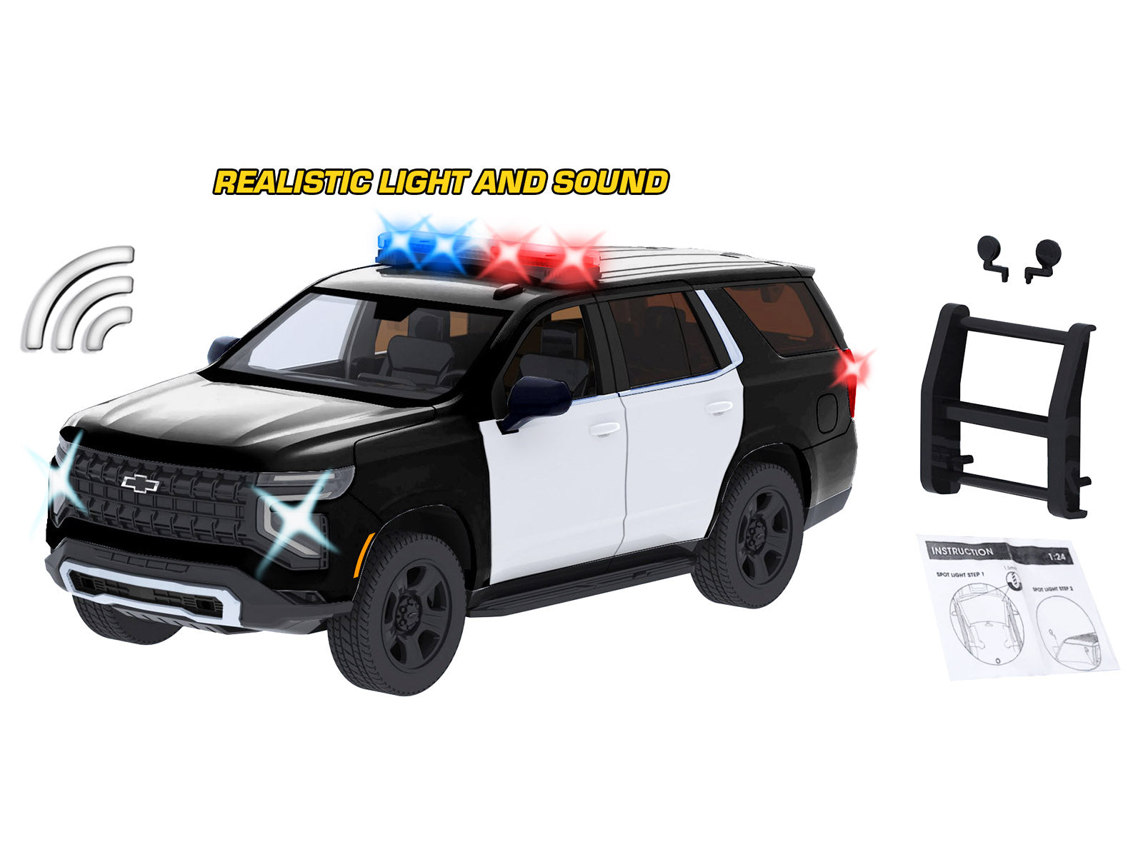 2025 Chevrolet Tahoe PPV Black and White "Builder's Kit" with Flashing Light Bar and Front and Rear Lights and Sounds 1/24 Diecast Model Car by Motormax - image 3