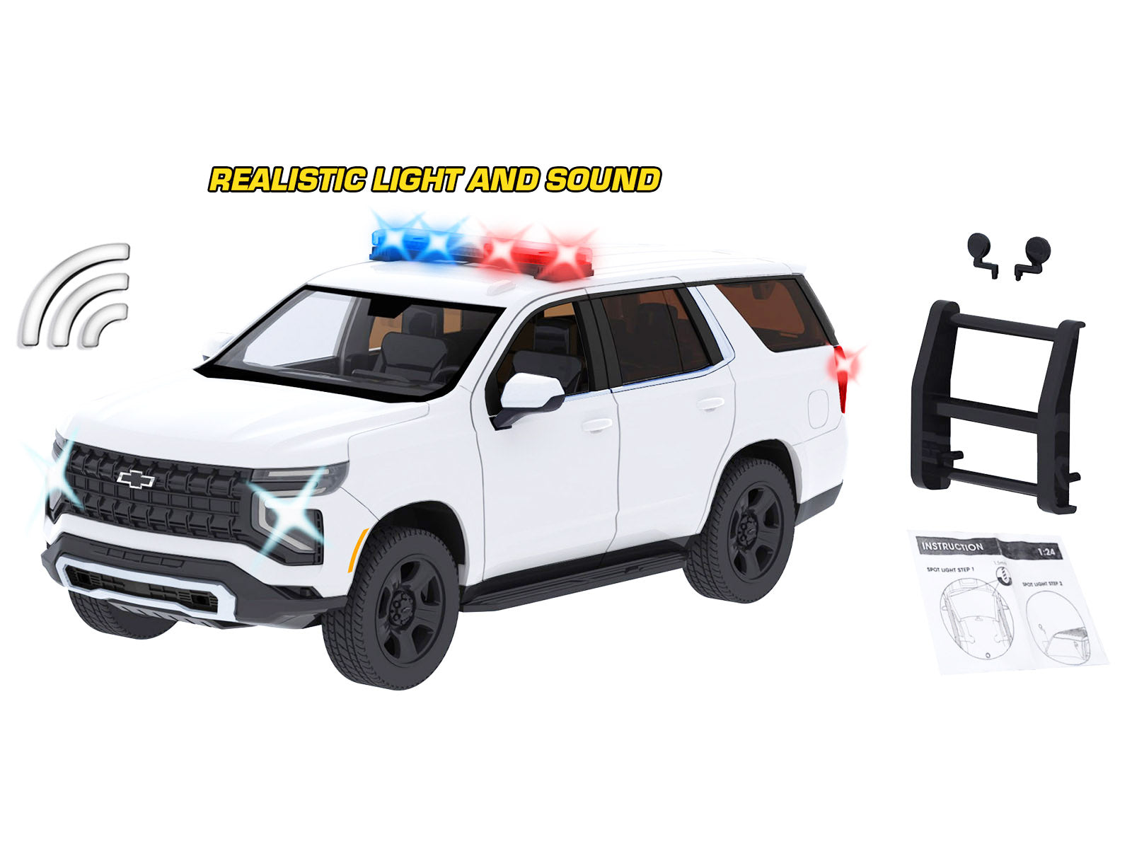 2025 Chevrolet Tahoe PPV White "Builder's Kit" with Flashing Light Bar and Front and Rear Lights and Sounds 1/24 Diecast Model Car by Motormax - image 3