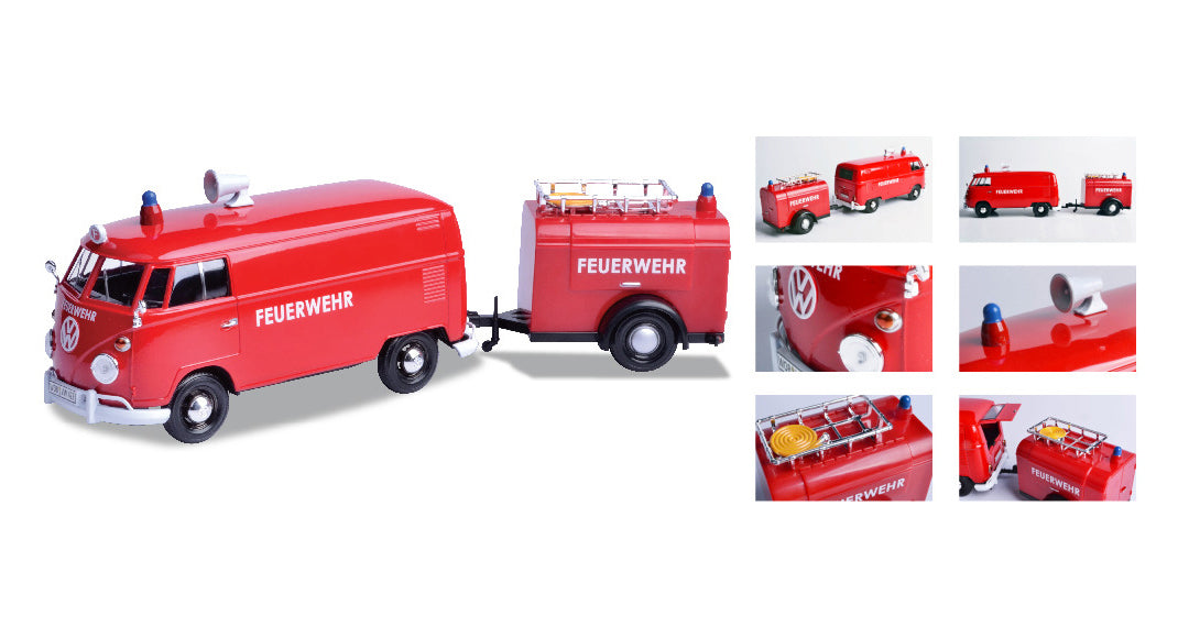 Volkswagen Type 2 (T1) Fire Van with Fire Fighting Trailer "Feuerwehr" Red 1/24 Diecast Model Car by Motormax - image 2
