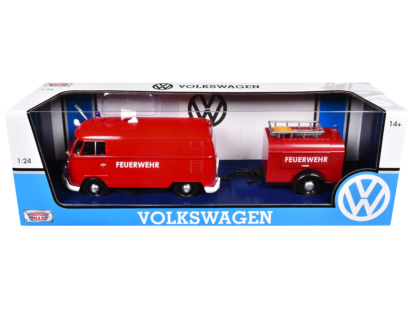 Volkswagen Type 2 (T1) Fire Van with Fire Fighting Trailer "Feuerwehr" Red 1/24 Diecast Model Car by Motormax - image 3