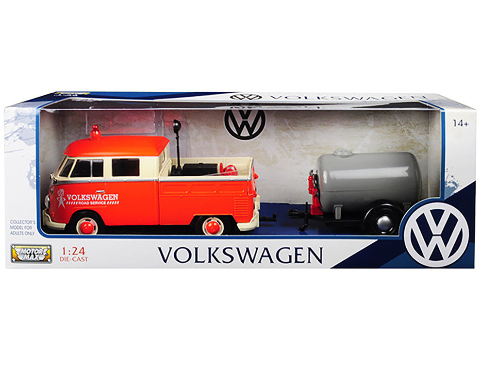 Volkswagen Type 2 (T1) Pickup Truck Orange and Cream with Oil Trailer "Road Service" 1/24 Diecast Model Car by Motormax - image 3