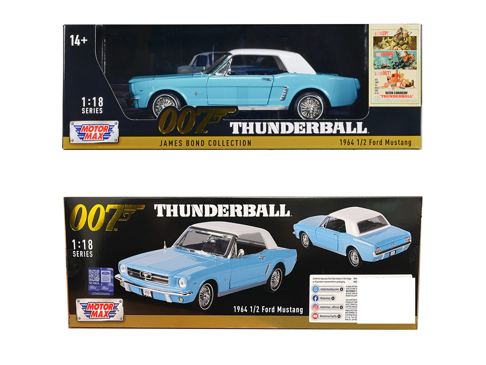 1964 1/2 Ford Mustang Light Blue with White Top James Bond 007 "Thunderball" (1965) Movie "James Bond Collection" Series 1/18 Diecast Model Car by Motormax - image 3