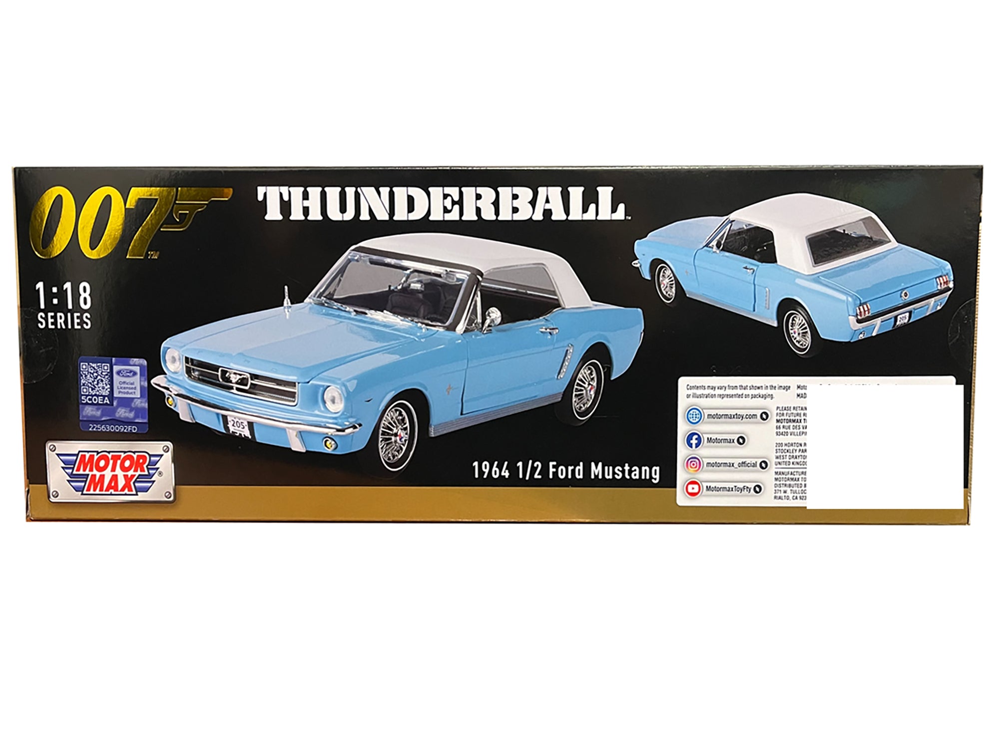 1964 1/2 Ford Mustang Light Blue with White Top James Bond 007 "Thunderball" (1965) Movie "James Bond Collection" Series 1/18 Diecast Model Car by Motormax - image 2