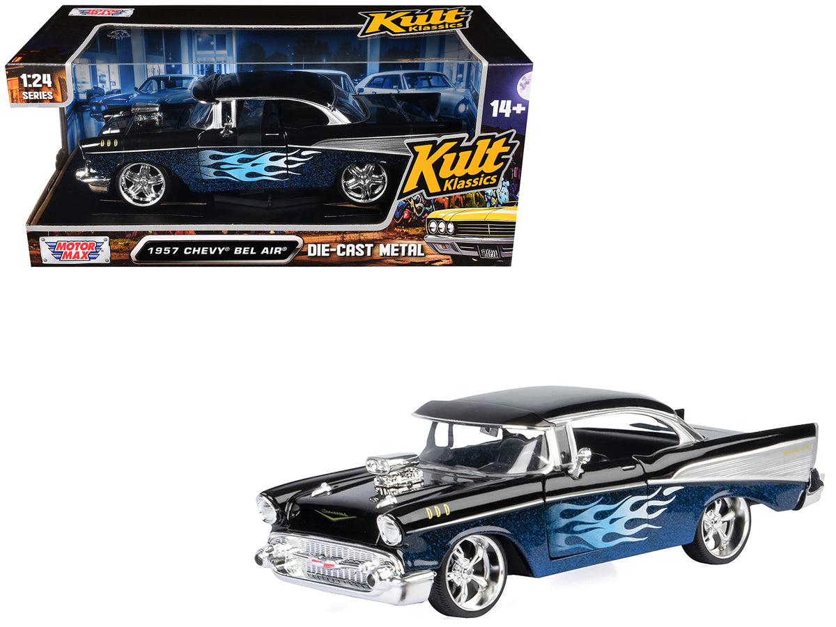 1957 Chevrolet Bel Air Black with Blue Flame Graphics "Kult Klassics" Series 1/24 Diecast Model Car by Motormax