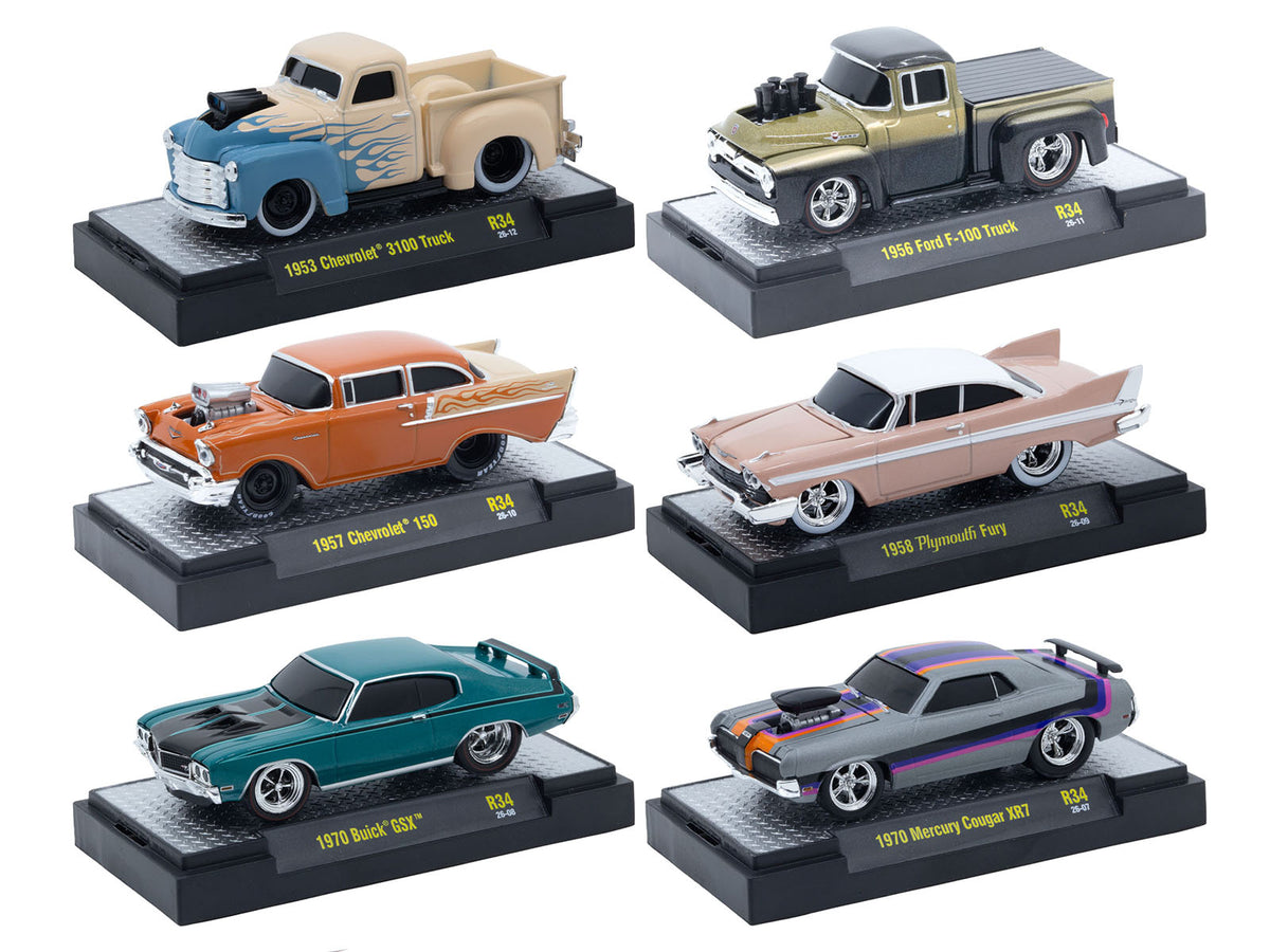 "Ground Pounders" 6 Cars Set Release #34 IN DISPLAY CASES Limited Edition 1/64 Diecast Model Cars by M2 Machines