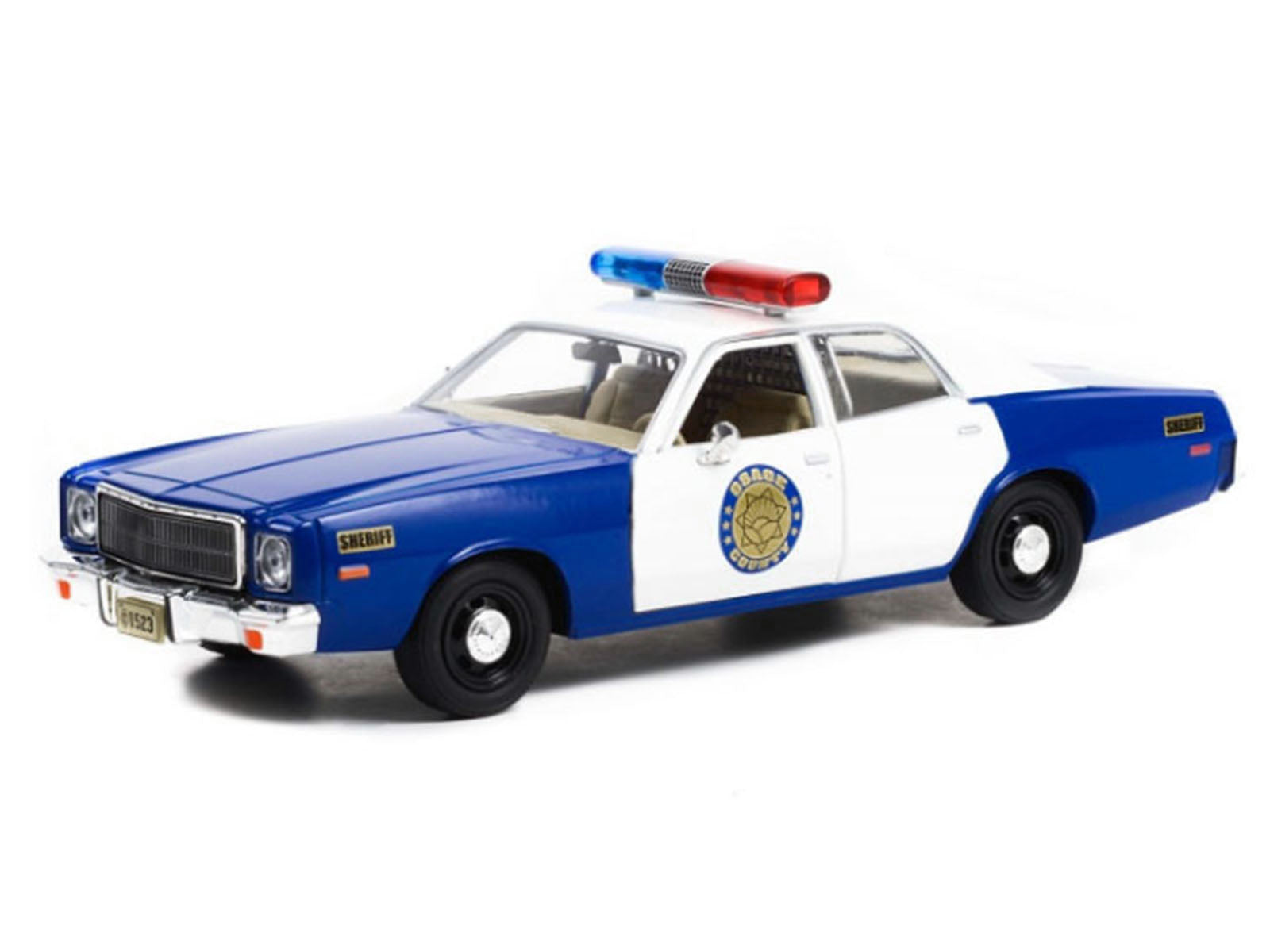 1975 Plymouth Fury "Osage County Sheriff" Blue and White 1/24 Diecast Model Car by Greenlight - image 2