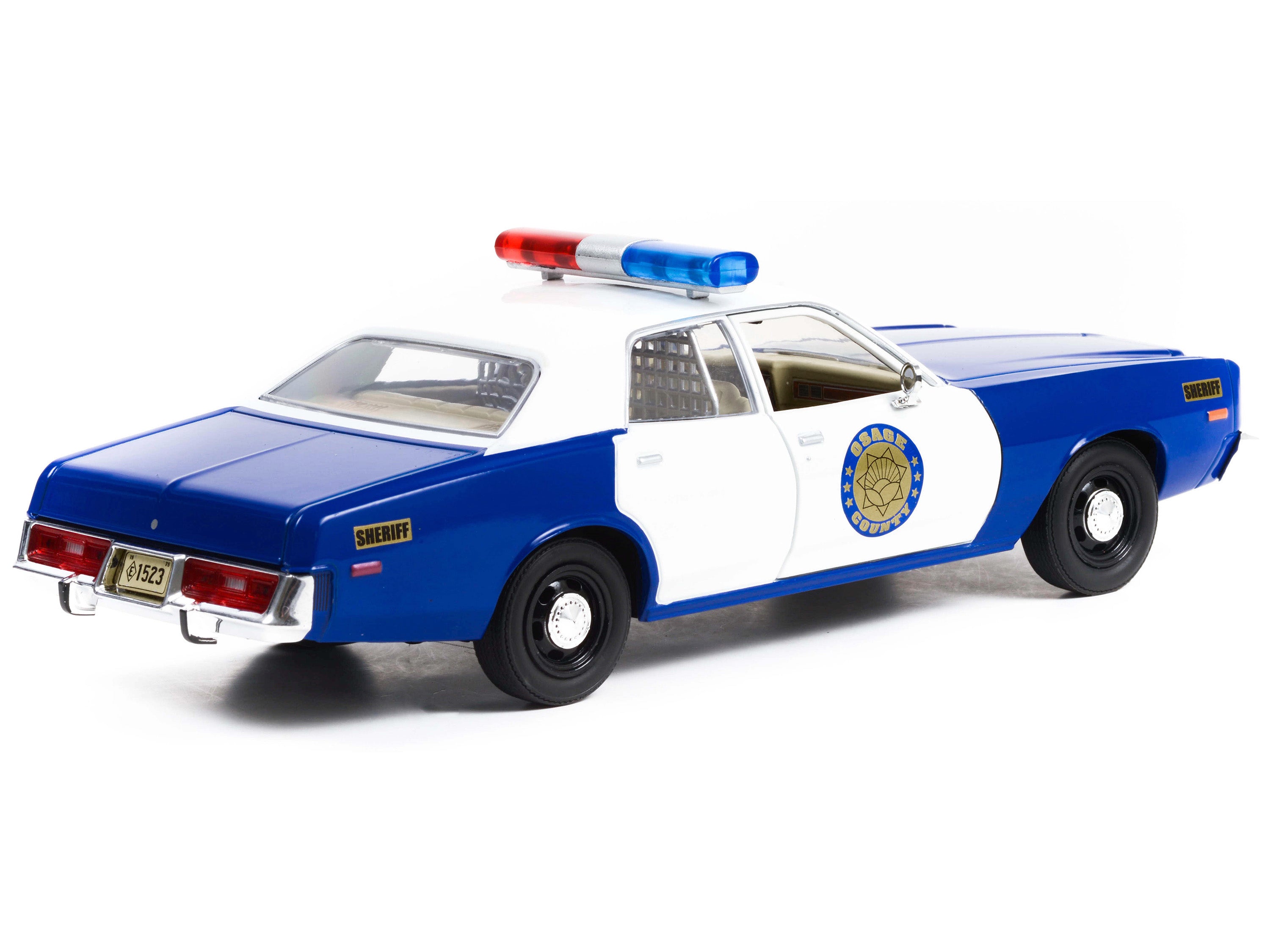 1975 Plymouth Fury "Osage County Sheriff" Blue and White 1/24 Diecast Model Car by Greenlight - image 3