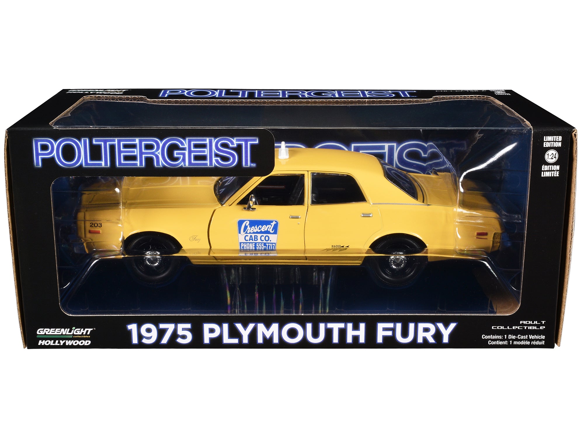 1975 Plymouth Fury Taxi "Crescent Cab Co." Yellow "Poltergeist" (1982) Movie "Hollywood" Series 20 1/24 Diecast Model Car by Greenlight - image 3