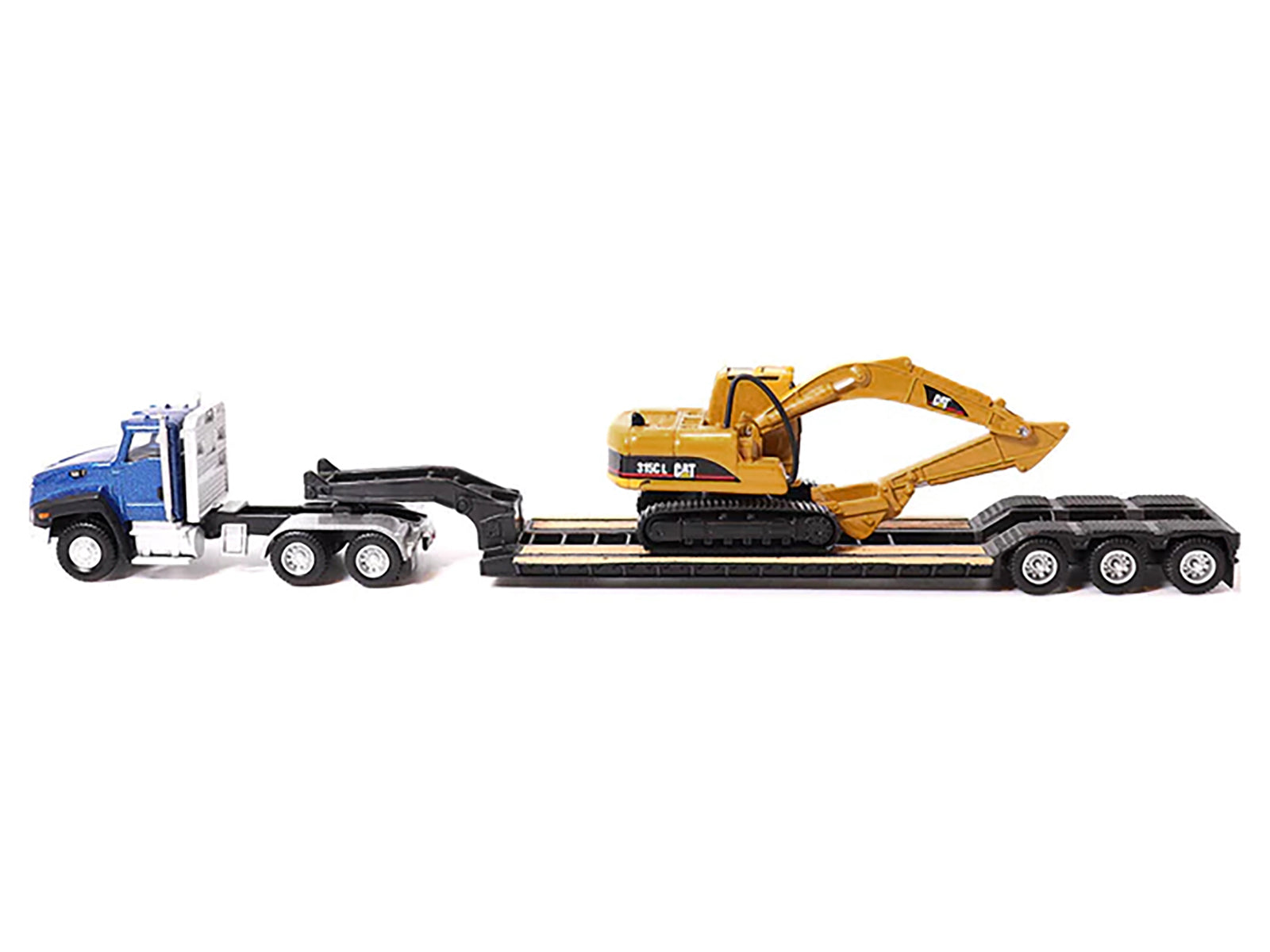 CAT Caterpillar CT660 Day Cab Tractor Blue Metallic with Lowboy Trailer and CAT 315C L Hydraulic Excavator Yellow 1/87 (HO) Diecast Model by Diecast Masters - image 3