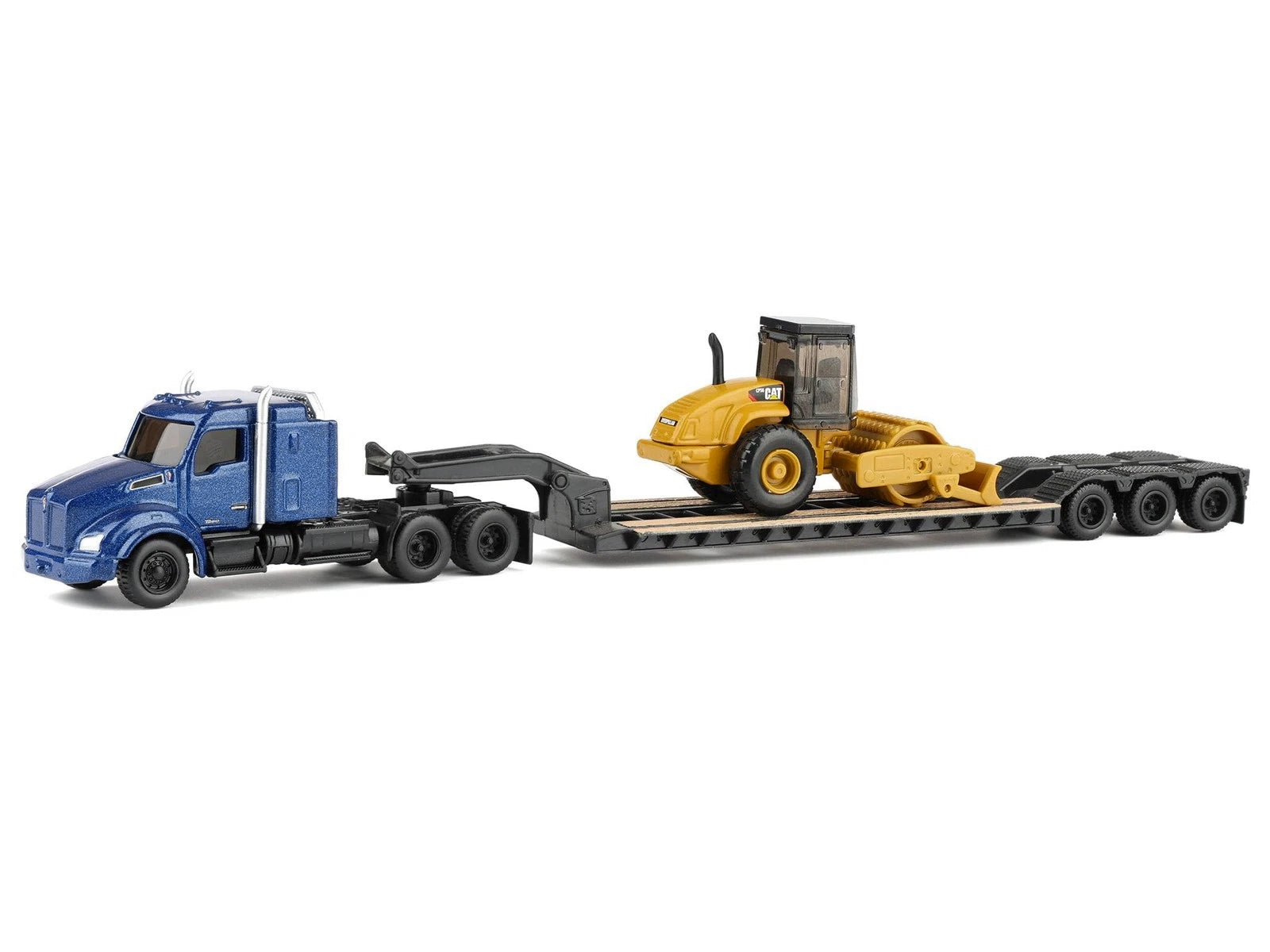 Kenworth T880 Tractor Blue Metallic with Lowboy Trailer and CAT Padfoot Roller Yellow 1/87 (HO) Diecast Model by Diecast Masters - image 4
