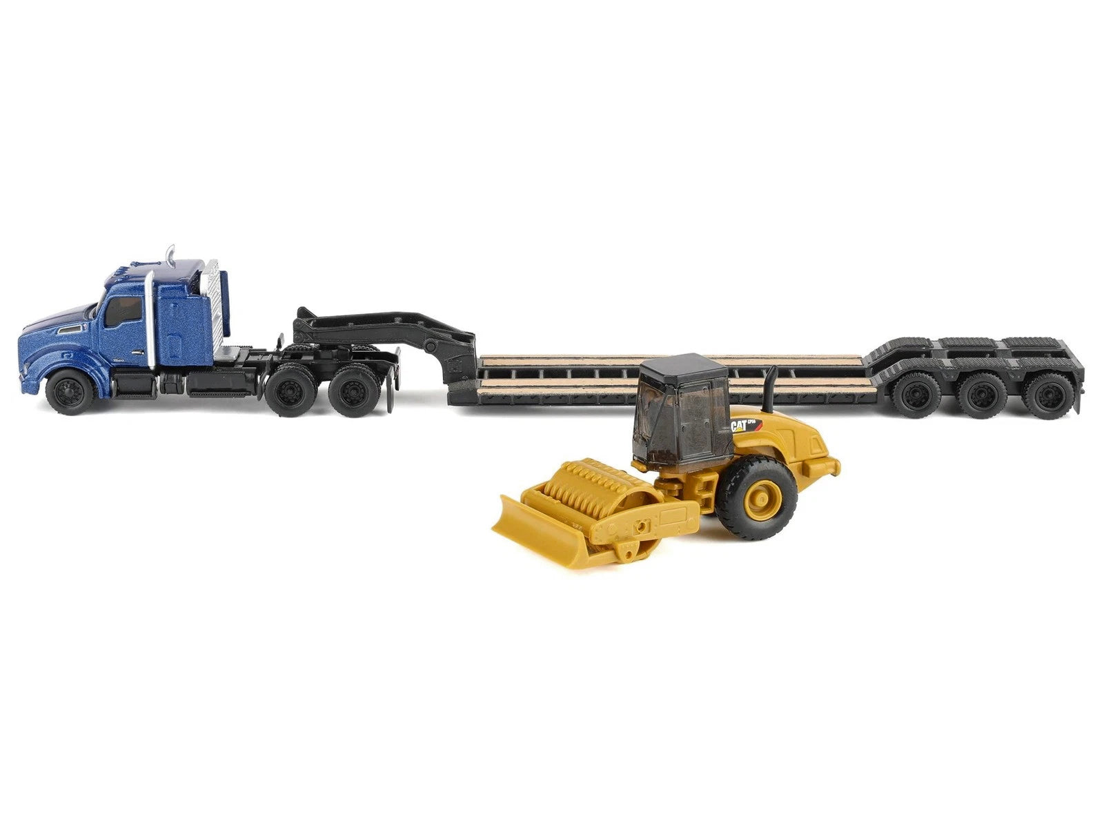Kenworth T880 Tractor Blue Metallic with Lowboy Trailer and CAT Padfoot Roller Yellow 1/87 (HO) Diecast Model by Diecast Masters - image 2