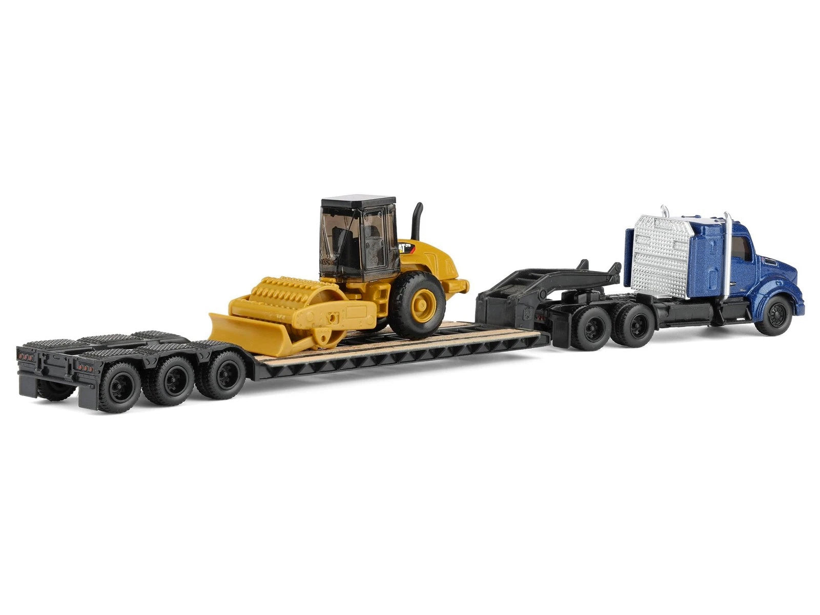 Kenworth T880 Tractor Blue Metallic with Lowboy Trailer and CAT Padfoot Roller Yellow 1/87 (HO) Diecast Model by Diecast Masters - image 5