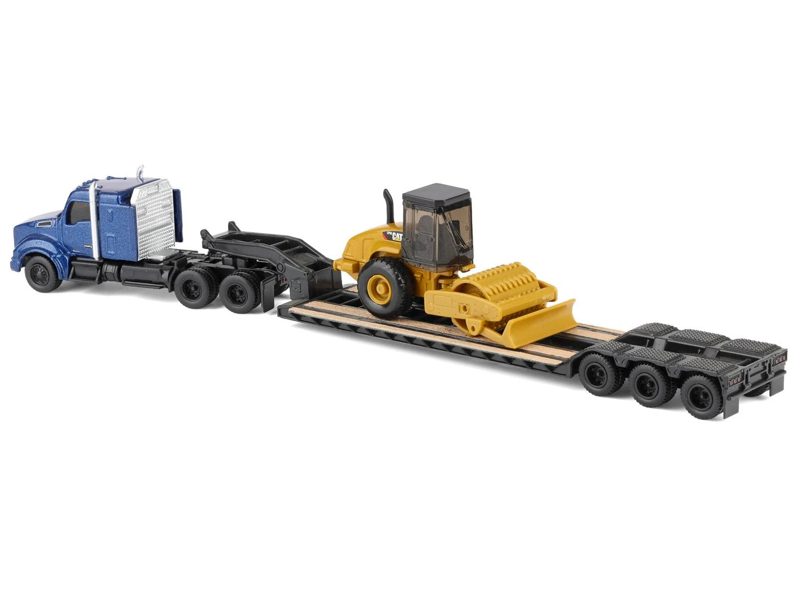 Kenworth T880 Tractor Blue Metallic with Lowboy Trailer and CAT Padfoot Roller Yellow 1/87 (HO) Diecast Model by Diecast Masters - image 3
