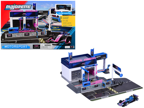 "BWT Alpine Formula One Team" (2025) Pit Stop Playset with Alpine A525 R19 1/64 Diecast Model Car by Majorette
