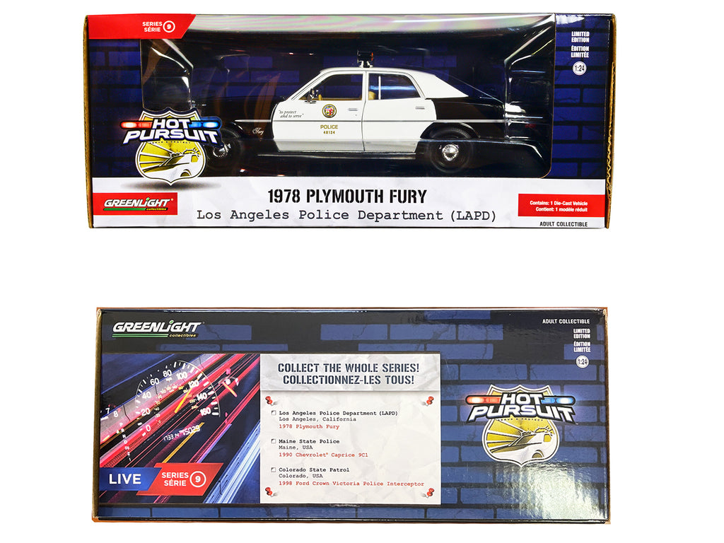 1978 Plymouth Fury Black and White "LAPD (Los Angeles Police Department)" "Hot Pursuit" Series 9 1/24 Diecast Model Car by Greenlight - image 3