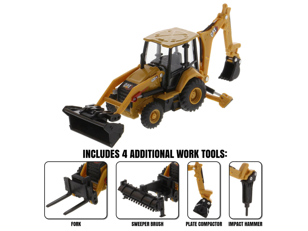 CAT Caterpillar 420 XE Backhoe Loader with Work Tools Yellow 1/64 Diecast Model by Diecast Masters - image 2