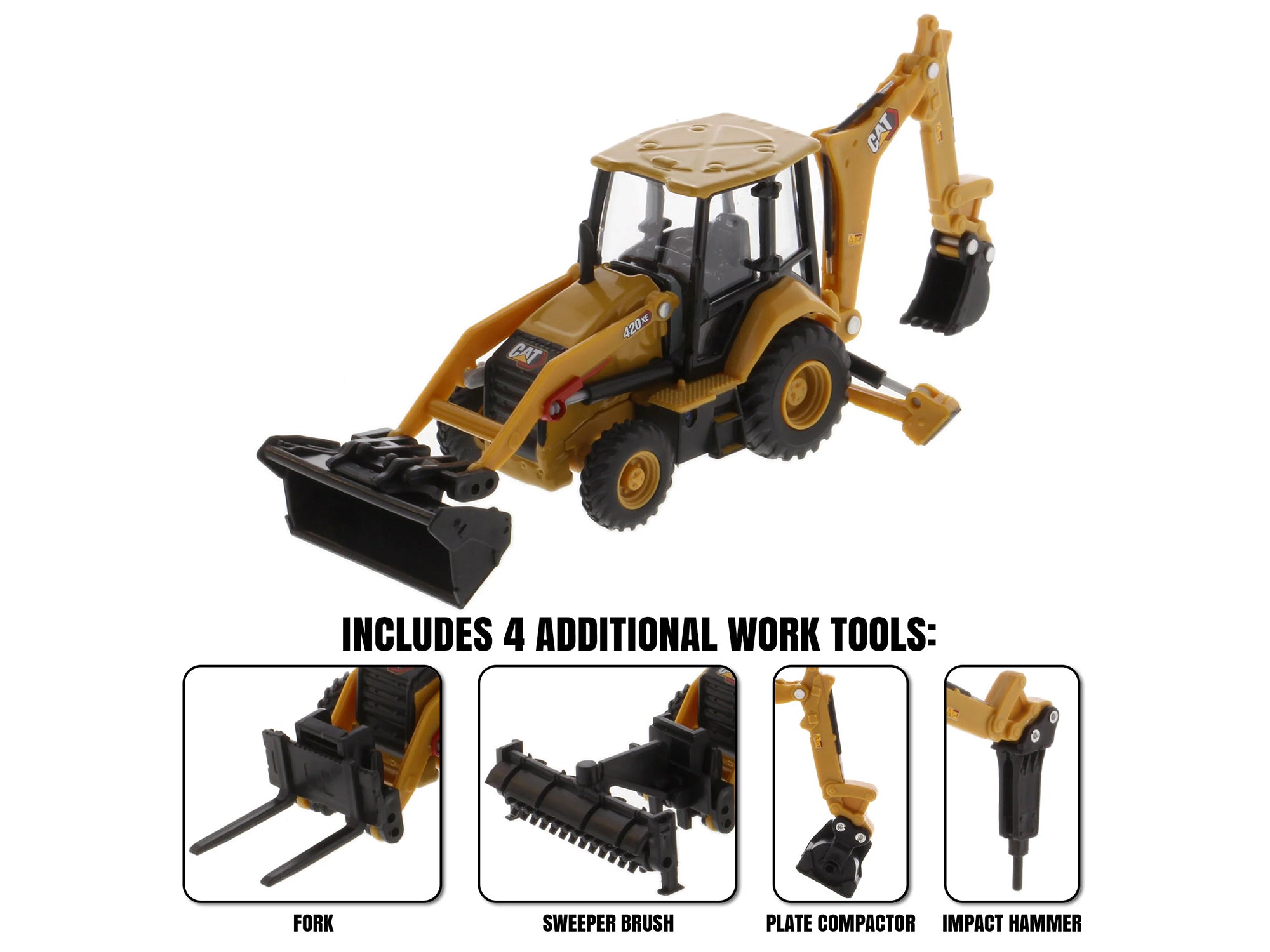 CAT Caterpillar 420 XE Backhoe Loader with Work Tools Yellow 1/64 Diecast Model by Diecast Masters - image 2