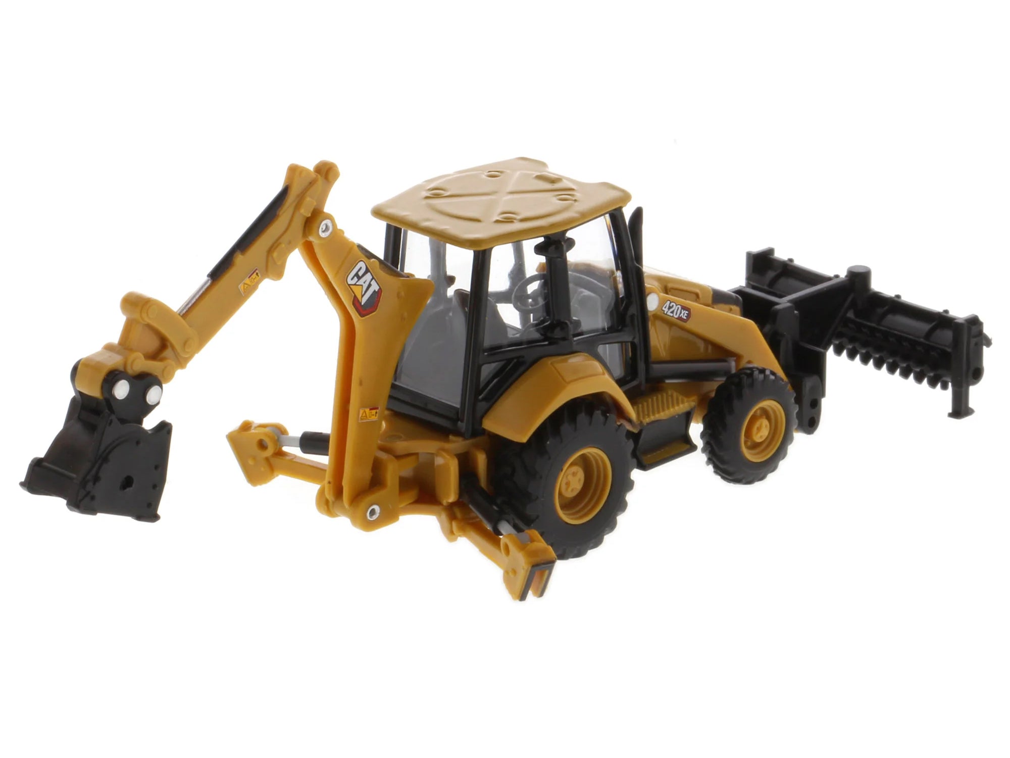 CAT Caterpillar 420 XE Backhoe Loader with Work Tools Yellow 1/64 Diecast Model by Diecast Masters - image 4