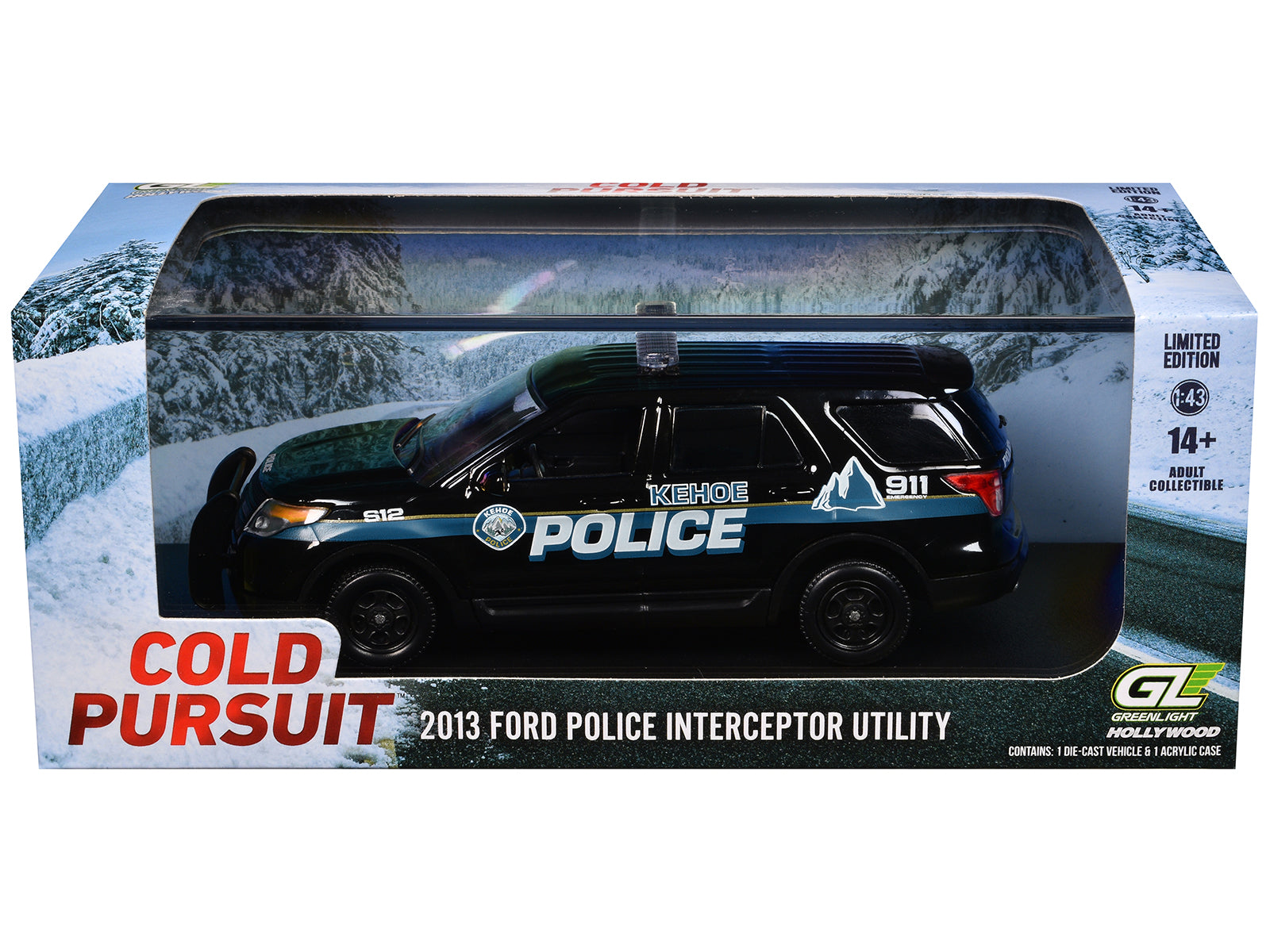 2013 Ford Police Interceptor Utility "Kehoe Police Department Kehoe Colorado" Black with White Stripes "Cold Pursuit" (2019) Movie 1/43 Diecast Model Car by Greenlight - image 2