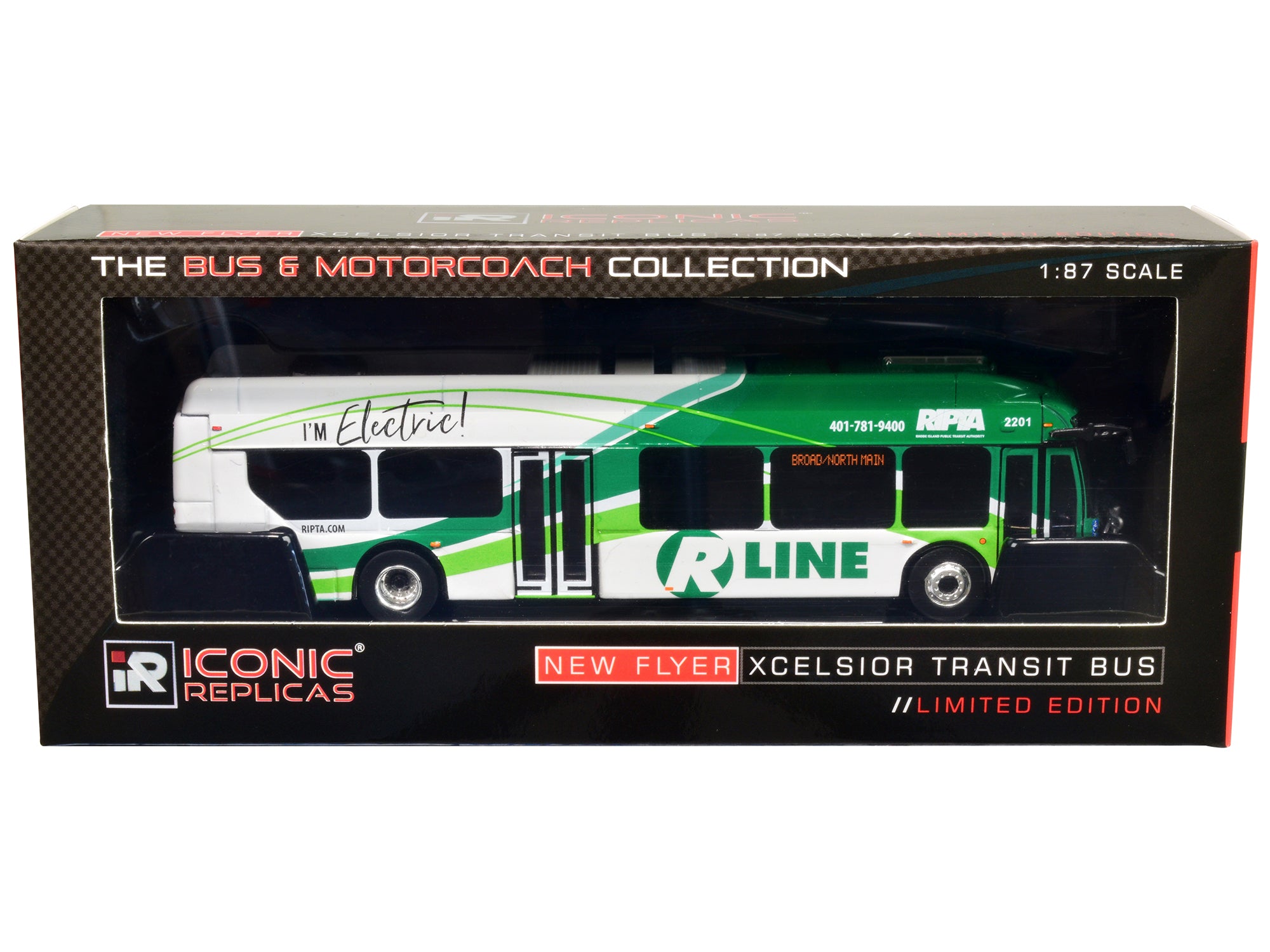 New Flyer Xcelsior Charge NG Electric Transit Bus RIPTA (Rhode Island Public Transit Authority) "R Line Broad/North Main" "The Bus & Motorcoach Collection" 1/87 Diecast Model by Iconic Replicas - image 3