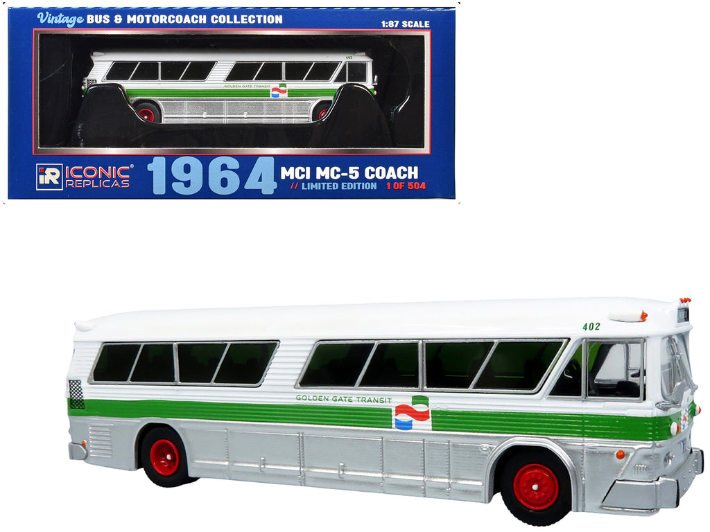 1964 MCI MC-5A Coach Bus "Golden Gate Transit" White with Green Stripes "Vintage Bus & Motorcoach Collection" Limited Edition to 504 pieces Worldwide 1/87 (HO) Diecast Model by Iconic Replicas