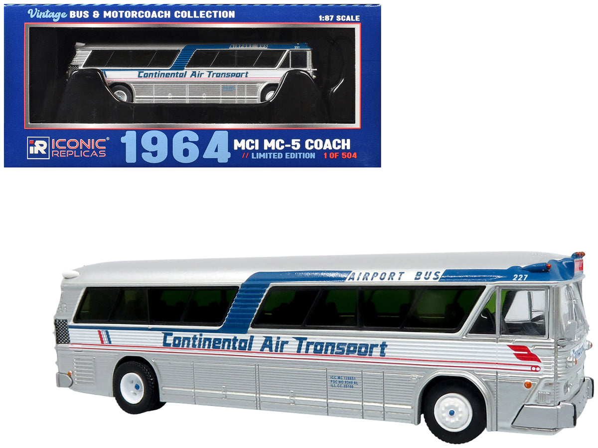 1964 MCI MC-5A Coach Bus "Continental Air Transport" Silver with Blue Stripes "Vintage Bus & Motorcoach Collection" Limited Edition to 504 pieces Worldwide 1/87 (HO) Diecast Model by Iconic Replicas