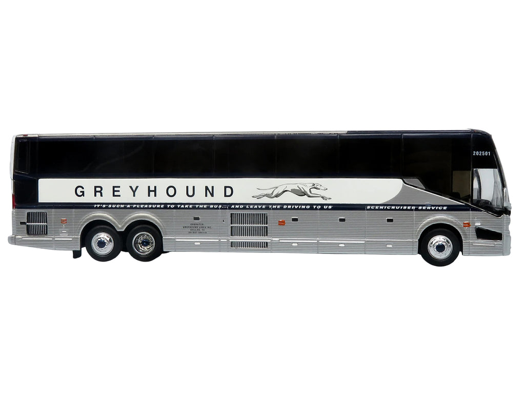 Prevost H3-45 Coach Bus "Greyhound Scenicruiser Service" White and Raw Metal "The Bus & Motorcoach Collection" Limited Edition to 504 pieces Worldwide 1/87 (HO) Scale Diecast Model by Iconic Replicas - image 2