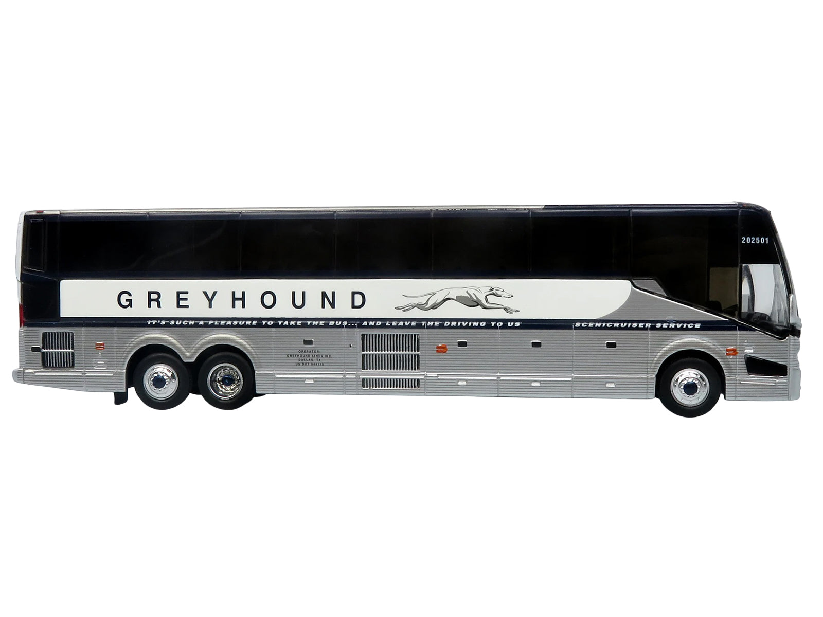 Prevost H3-45 Coach Bus "Greyhound Scenicruiser Service" White and Raw Metal "The Bus & Motorcoach Collection" Limited Edition to 504 pieces Worldwide 1/87 (HO) Scale Diecast Model by Iconic Replicas - image 2
