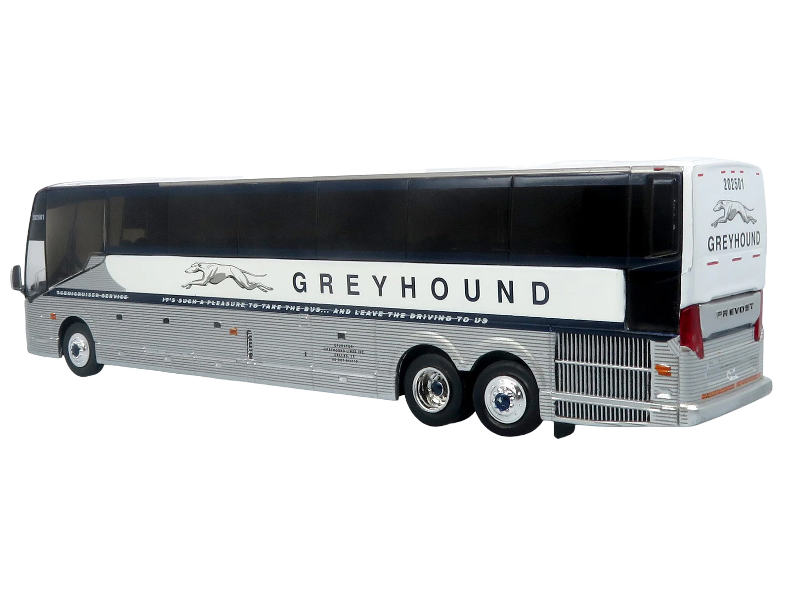 Prevost H3-45 Coach Bus "Greyhound Scenicruiser Service" White and Raw Metal "The Bus & Motorcoach Collection" Limited Edition to 504 pieces Worldwide 1/87 (HO) Scale Diecast Model by Iconic Replicas - image 3
