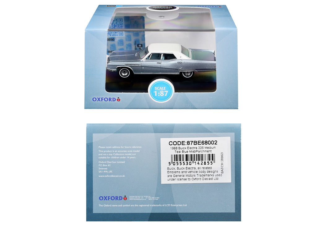 1968 Buick Electra 225 Teal Blue Mist Metallic with White Top and Blue Interior 1/87 (HO) Scale Diecast Model Car by Oxford Diecast - image 3