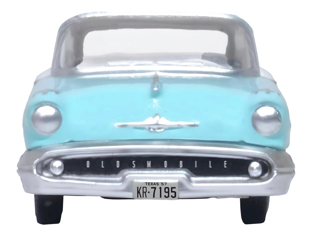 1957 Oldsmobile 88 Convertible (Top-Up) Banff Blue and Alcan White with White 1/87 (HO) Scale Diecast Model Car by Oxford Diecast - image 4