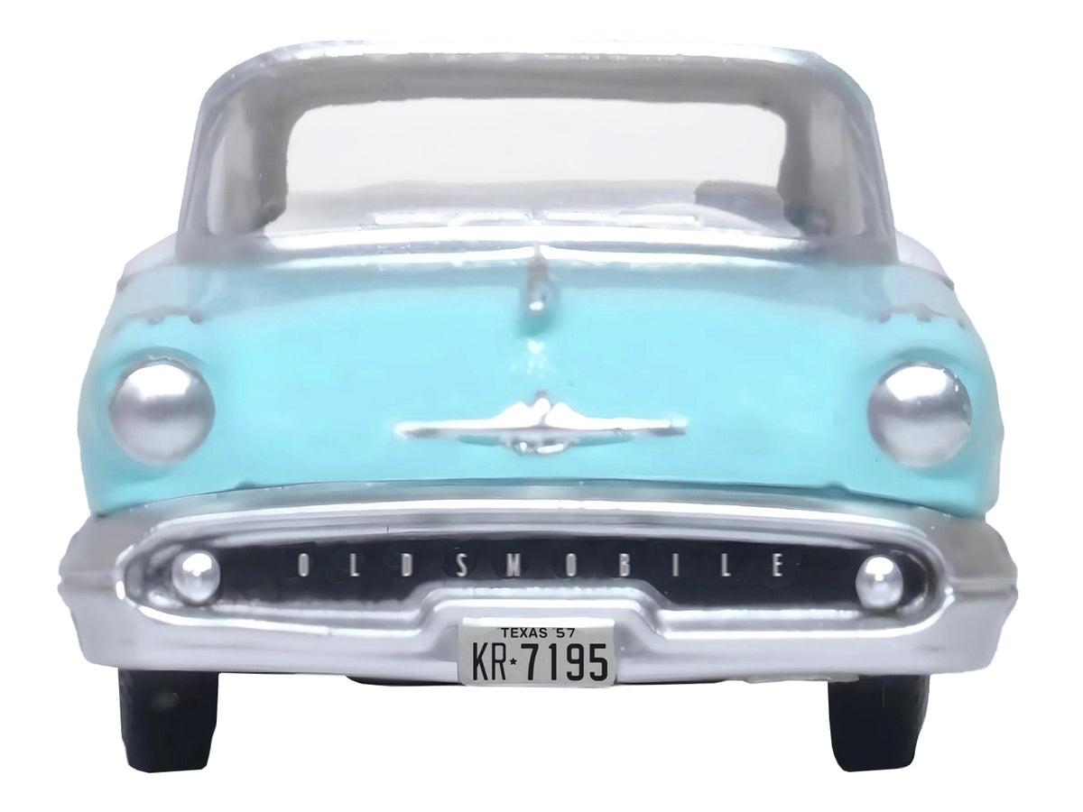 1957 Oldsmobile 88 Convertible (Top-Up) Banff Blue and Alcan White with White 1/87 (HO) Scale Diecast Model Car by Oxford Diecast - image 4