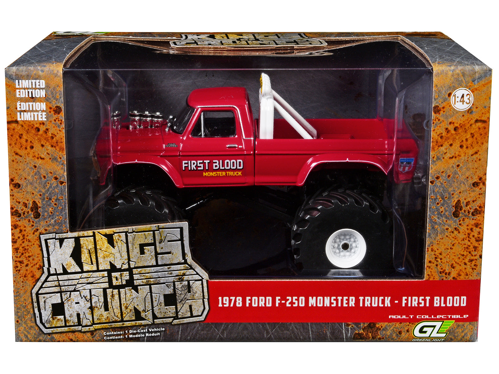 1978 Ford F-250 Monster Truck with 66-Inch Tires "First Blood" Red "Kings of Crunch" Series 1/43 Diecast Model Car by Greenlight - image 3
