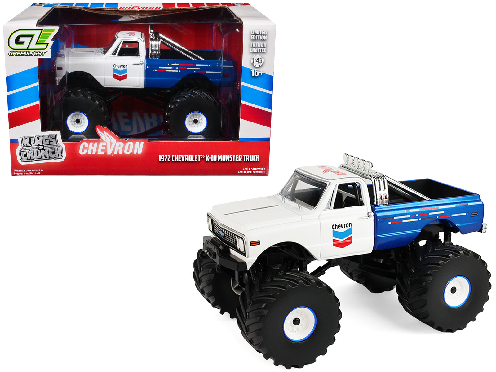 1972 Chevrolet K-10 Monster Truck "Chevron 150th Anniversary" White and Blue Metallic "Kings of Crunch" Series 1/43 Diecast Model Car by Greenlight