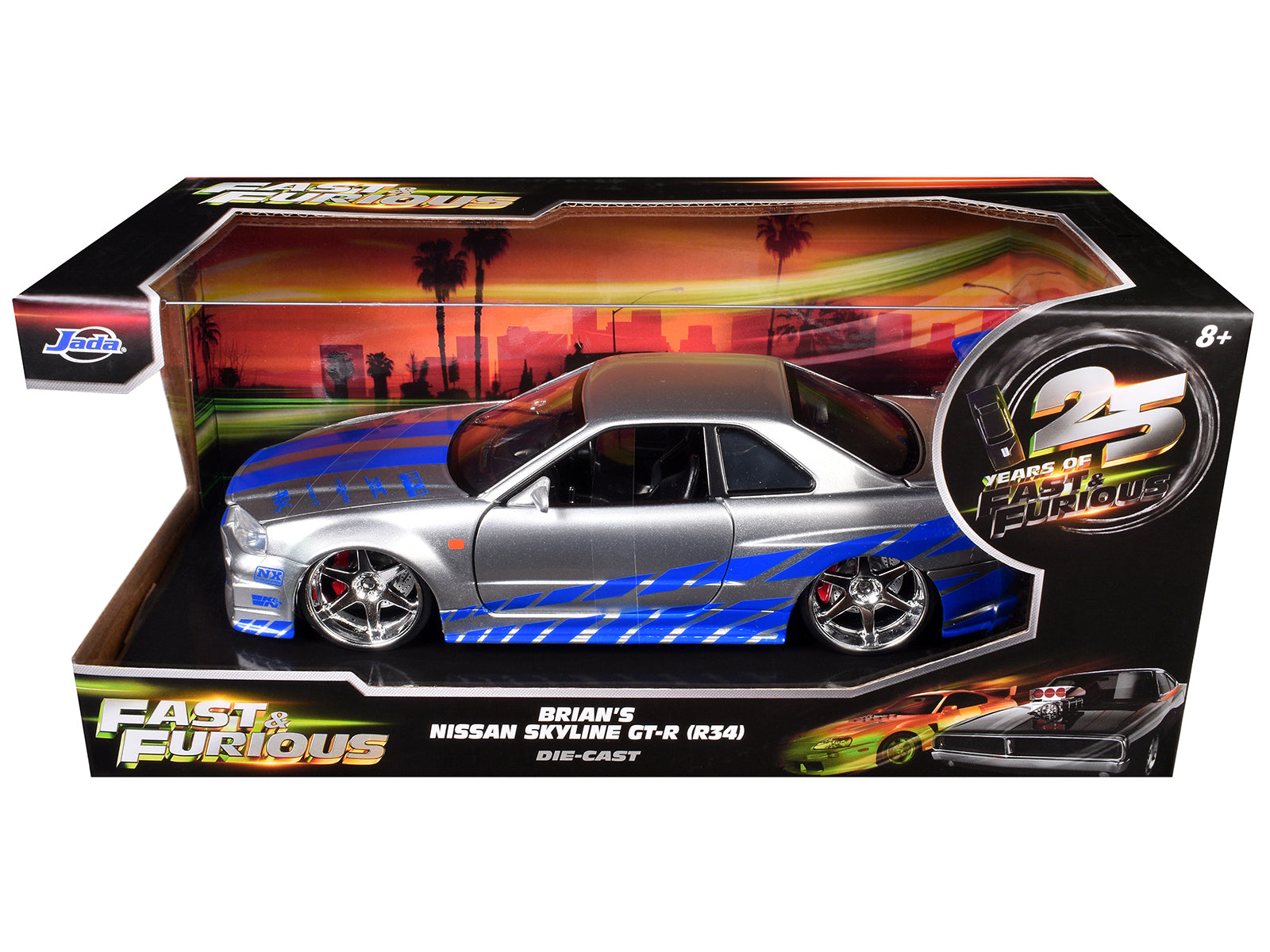 Brian's Nissan GTR Skyline R34 RHD (Right Hand Drive) Silver with Blue Stripes "Fast & Furious 25th Anniversary" 1/24 Diecast Model Car by Jada - image 3